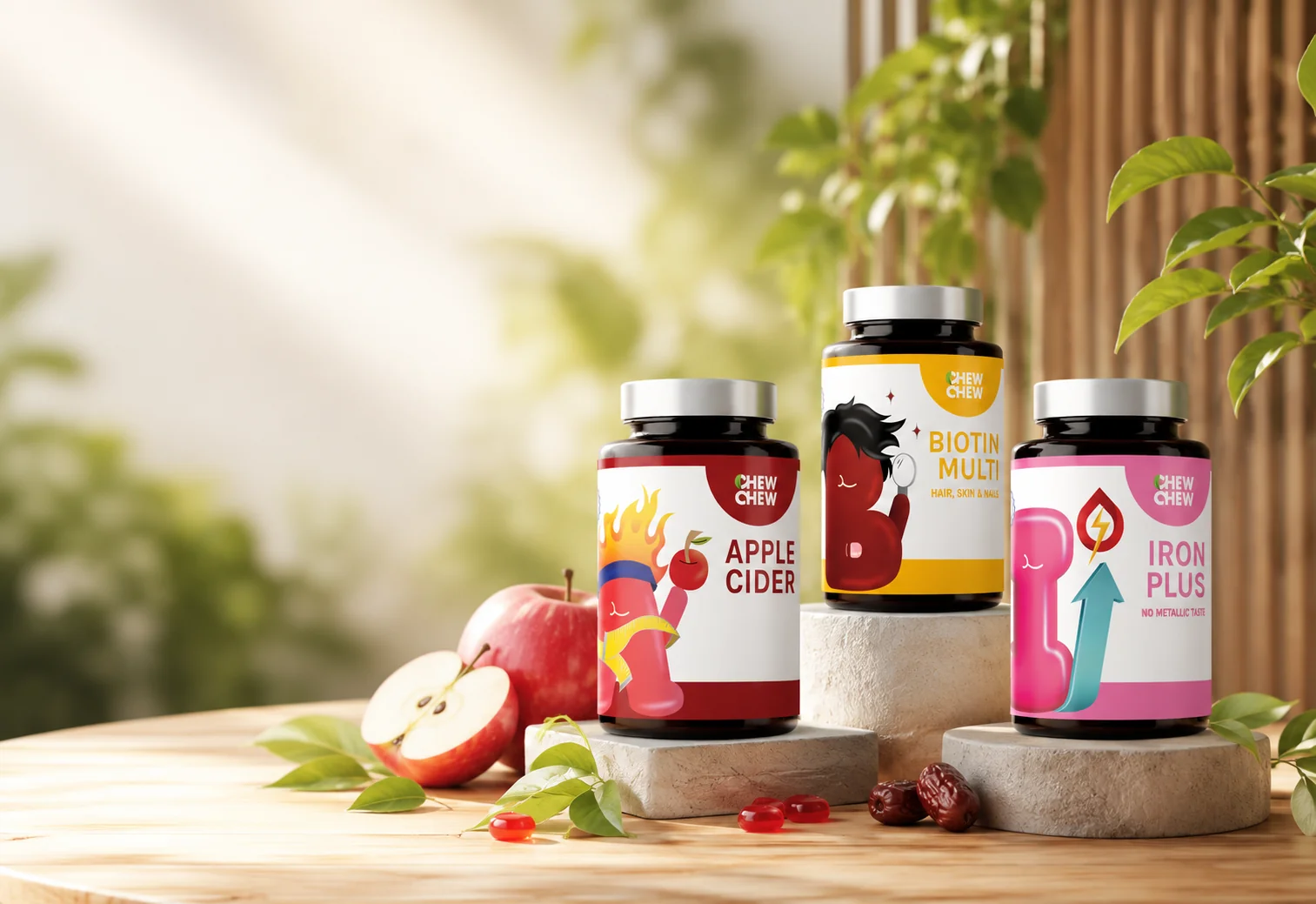 Chew Chew Apple Cider, Biotin Multi and Iron Plus gummy bottles with fresh apples and jujubes